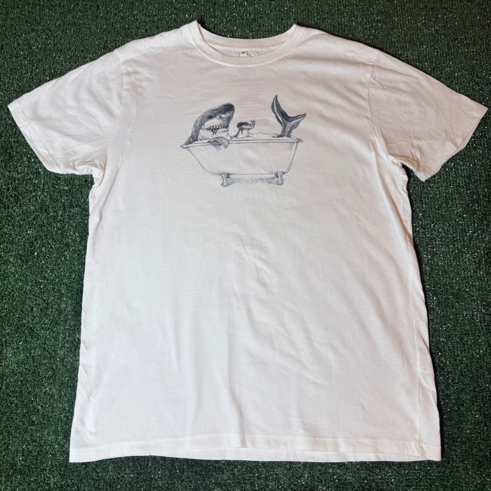 Conquer Gear Shark and Seal in Bathtub Graphic Tee Cream Mens Medium